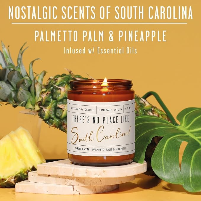 South Carolina Gifts, South Carolina Decor for Home - 'There's No Place Like South Carolina Candle, w/Palmetto Palm & Pineapple I South Carolina Souvenirs State Gifts I 9oz Jar, 50Hr Burn, USA Made