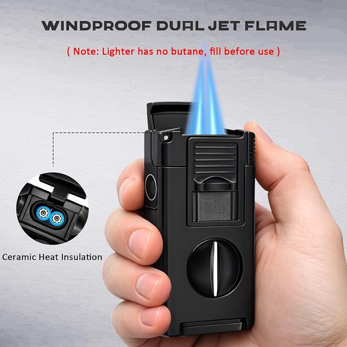 5-in-1 Dual Jet Flame Butane Torch Lighter Built-in V Cutter, Punch, Holder, Draw Enhancer Tool, Windproof Refillable Butane Lighter Gift for Men, Cool Lighters for Candle, Outdoor (No Gas)