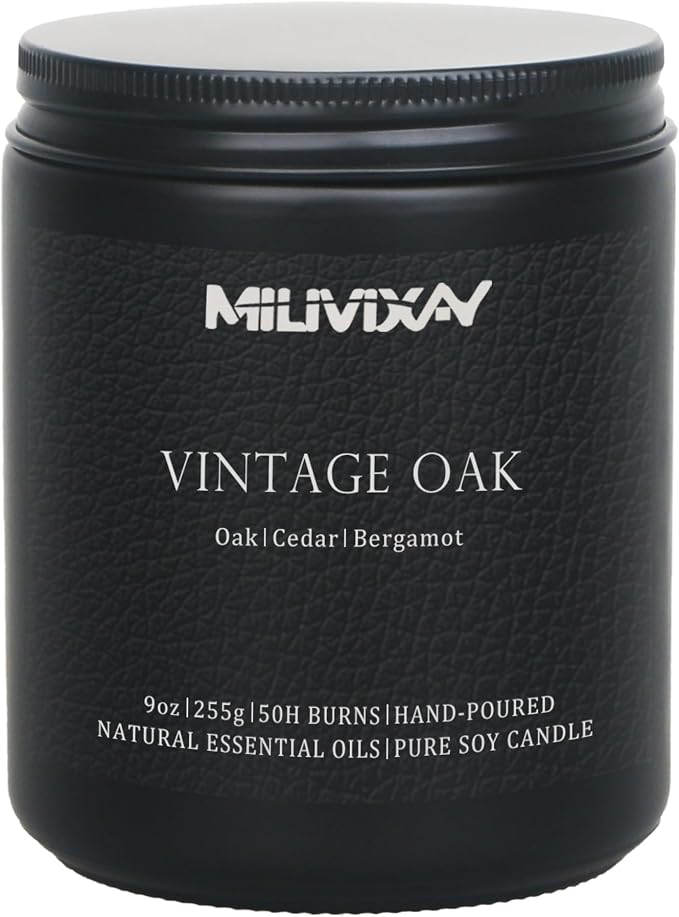 MILIVIXAY Candle for Men Vintage Oak Scented Classic 9oz Jar Single Wick Candle, Soy Wax Candles for Consistent Burn, Over 50 Hours of Burn Time, Ideal for Creating Relaxing & Holiday Gifting.
