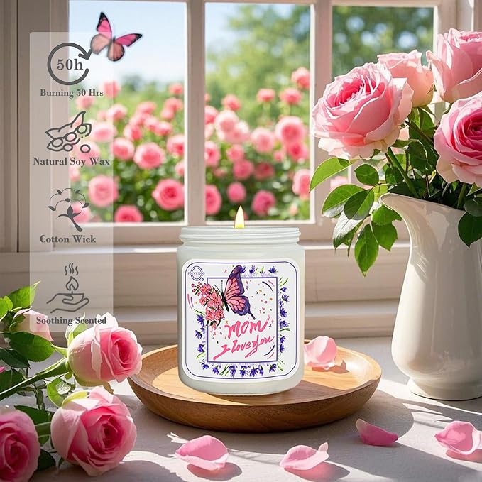 Gifts for Mom, Rose Lily Scented Candles for Home Scented, Soy Wax Aromatherapy Candle, Non Toxic, 50 Hour Long Burning, Birthday, Thanksgiving, Mothers Day Gifts (Mom I Love You, Pink)