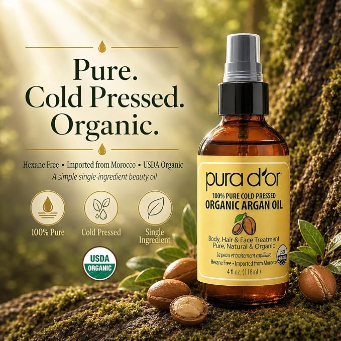 PURA D'OR USDA Organic Moroccan Argan Oil–100% Pure Cold-Pressed Virgin Grade–Treatment for Hair, Skin, Face, Body– Helps Dry Skin, Scalp Care, Split Ends, Nails & Cuticles 4 Oz - Hair Regrowth Tonic