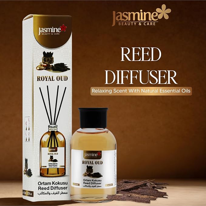 Jasmine Turkish Reed Diffuser (Joury) Set 3.72 Fl. Oz (110ml), with 4 Reed Sticks. For Your Office, Bedroom, Bathroom, Kitchen. Elegant Fragrance for Your Entire Home. A Nice Gift for Your Loved Ones.