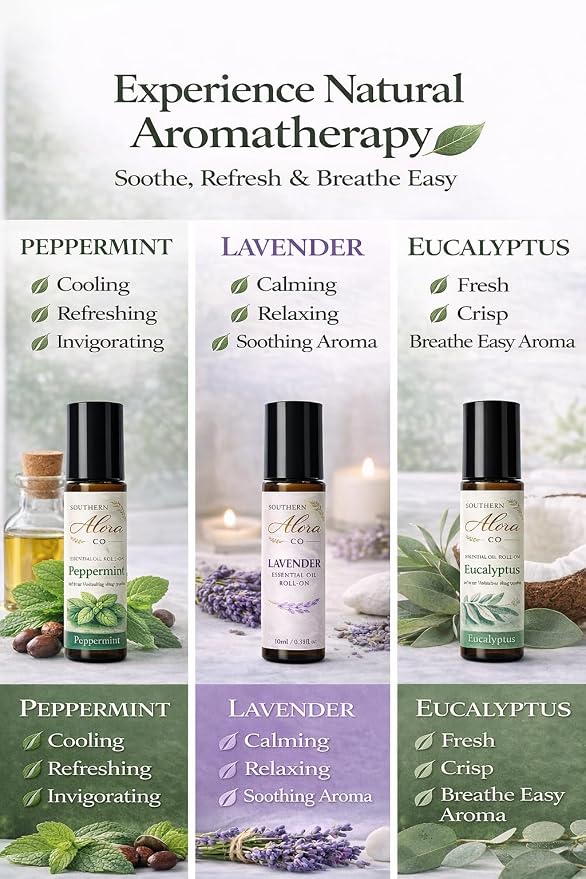 Southern Alora Essential Oils Roll On Set – Peppermint, Lavender & Eucalyptus Aromatherapy for Relaxation and Stress Support – Travel Size Essential Oil Roller, Self Care Gifts for Women