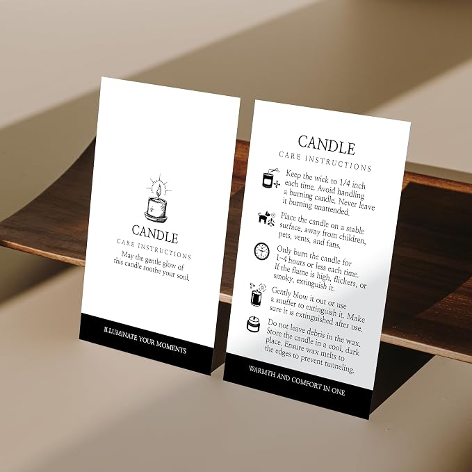 100 pack - Premium Handmade Candle Care Instruction Cards White Black 2x3.5 in, Small Business | Soy Bees Wax Melt, Candle Makers, Making Supplies Kit Set, Containers, Jars, Package