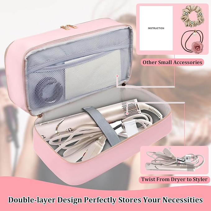 Travel Carrying Case for Shark Flex Style, Double Layer Storage Case for Shark SpeedStyle Hair Dryer Attachments, Waterproof PU Leather Organizer Bag for Shark Flexstyle Airwrap Styler (Pink)