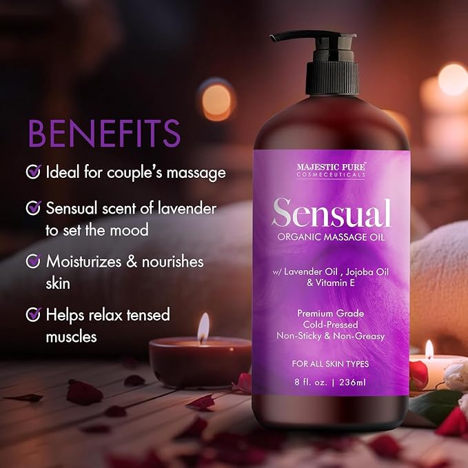 MAJESTIC PURE Organic Sensual Massage Oil for Massage Therapy - Refreshing, and Relaxing - Natural Oils for Date Night with Vitamin E - for All Skin Types - Men and Women Massage Lotion- 8 fl oz