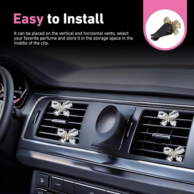 5PCS Bling Butterfly Car Air Vent Clips, Rhinestone-studded Vehicle Vent Trim Decor Accessories, Cute Creativity Crystal Butterfly Diffuser, Universal for Most Vehicles (White)