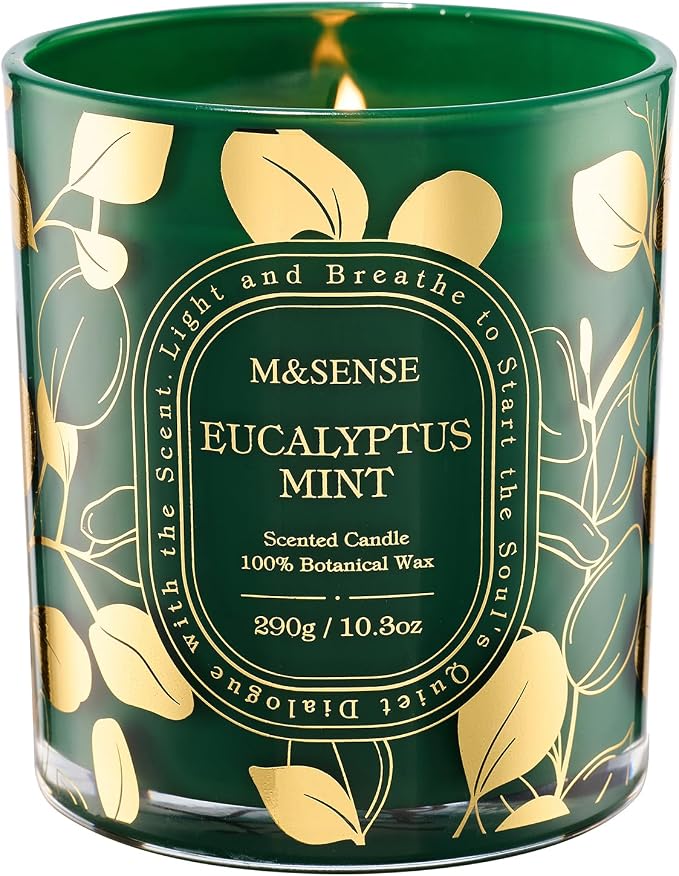 M&SENSE Eucalyptus Mint Soy Candle, Spa Breathing Long Lasting Gift | Cool Eucalyptus Spearmint Slow Burn, 55H Clean Soy Wax Cotton Wick, Bathtub Sinus Relief, Odor Exterminator, Reusable Jar