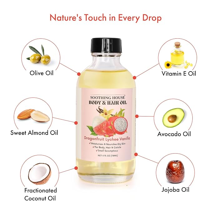 Dragonfruit Lychee Vanilla Body Oil – Hydrating & Nourishing Oil for Skin, Hair & Cuticles – Lightweight, Fast-Absorbing, Long-Lasting Fruity Floral Scent, 4 fl oz