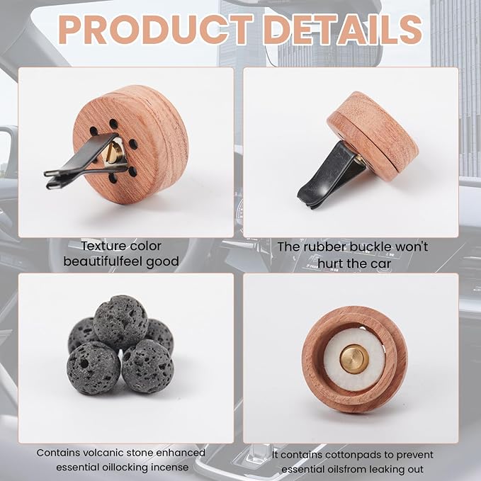 2PCS Car Essential Oil Diffuser: Natural Rosewood Vent Clip Freshener, Volcanic Stone Slow Release Aroma Diffuser for Auto Home Office Bedroom Indoor Use