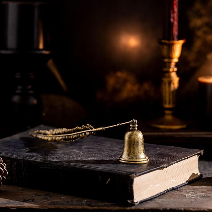 AIM & GGKK Vintage Bronze Feather Candle Snuffer Extinguisher - Long Handle with Bell-Shaped Cap, Decorative Candle Accessory for Smoke-Free Extinguishing