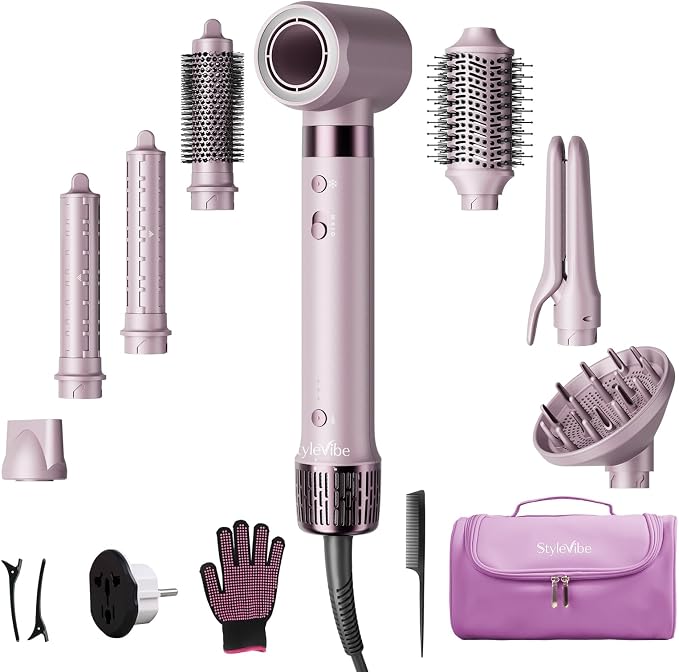 Mythsight StyleVibe Dual Voltage 8-in-1 Air Styler with Diffuser Hair Dryer, Auto Curlers (L/R), Straightener Brush, Travel Adapter & Case for Fast Drying, Frizz-Free Volume & Smooth Blowouts Styles