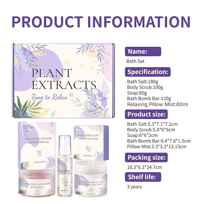 Roseye Lavender Spa Gift Set- 5pcs with Bath Salts, Shea Butter Scrub, Pillow Mist, Soap & Bath Bomb, Relaxing Birthday Christmas Gifts for Women, Mom, Sister, Girlfriend, Home Spa Care