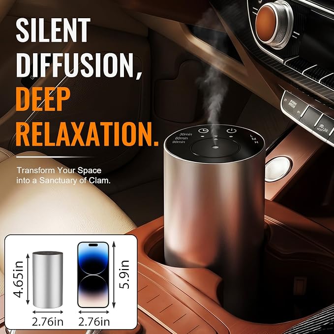 Homease Waterless Essential Oil Diffuser, Portable Cordless Aromatherapy with 3 Timers & Mist Levels, Rechargeable for Home Car Office, Premium Metal Silver