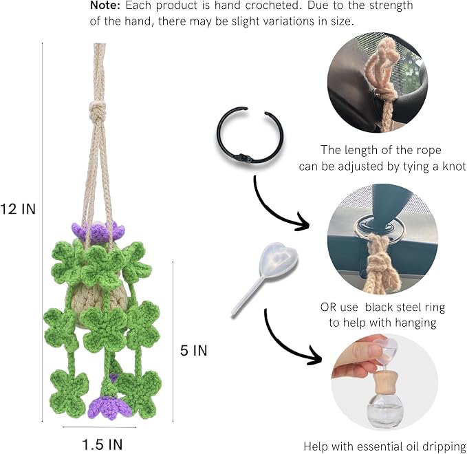 ROFIGL Handmade Crochet Hanging Car Air Freshener - Lucky 4-Leaf Clover Charm with 12ml Refillable Glass Essential Oil Diffuser Bottle, St. Patrick's Day Car Accessories & Bedroom Lucky Decor