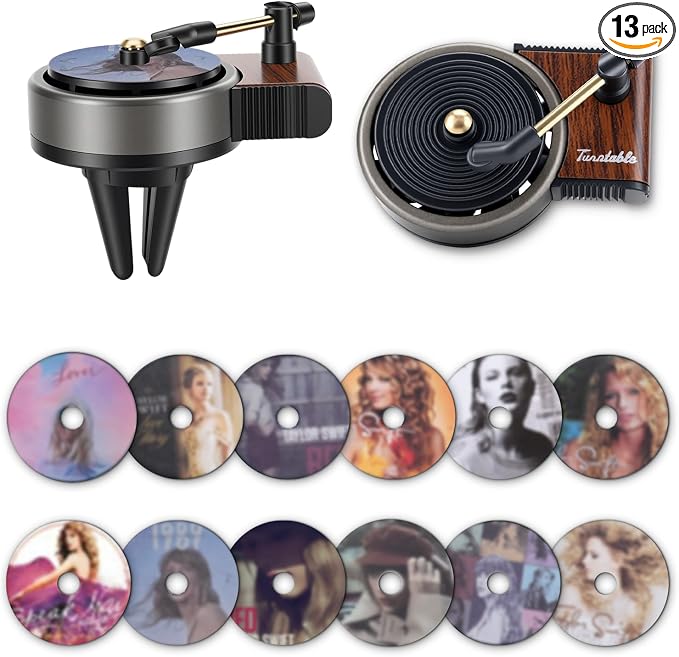 Record Player Car Air Freshener Vent Clip, 12PCS Vintage Album Style Refill Pads, Taylor Air Freshener Car Decor Accessories, Ocean Breeze Scent Air Fresheners for Car, Music Lovers Gifts