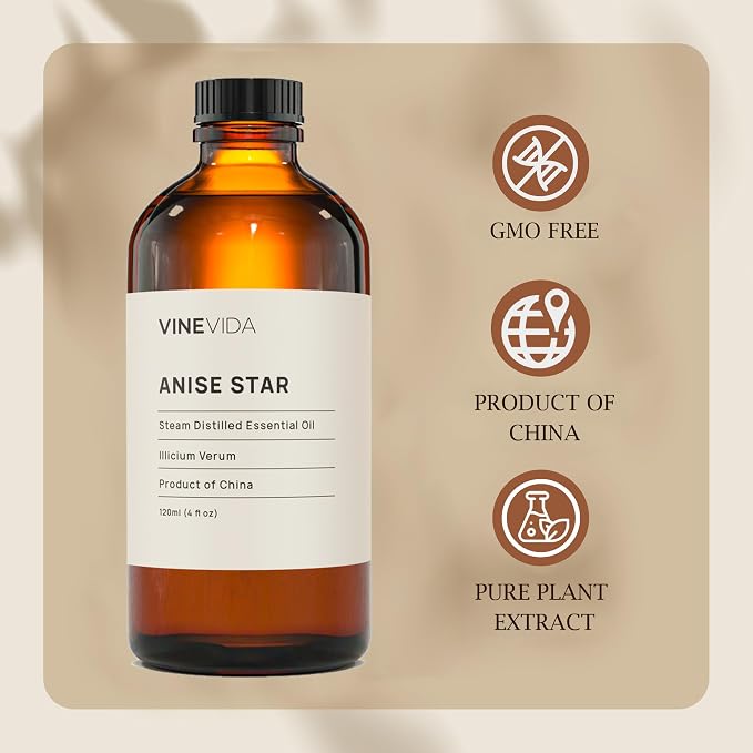 VINEVIDA Anise Star Essential Oil 4 oz - Undiluted Anise Star Oil 4 oz - Anise Star Candle Oil Scent - DIY Candle Scents for Candlemaking - Bulk Essential Oil for Soap Making Safe for Skin