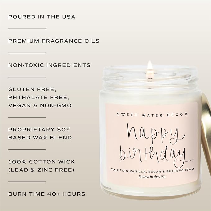 Sweet Water Decor Happy Birthday Soy Candle - Vanilla Sugar & Buttercream Sweet Scented Happy Birthday Candle Gift for Mom, Friends & Girls - 40 Hour Burn Time - 9oz - Non Toxic