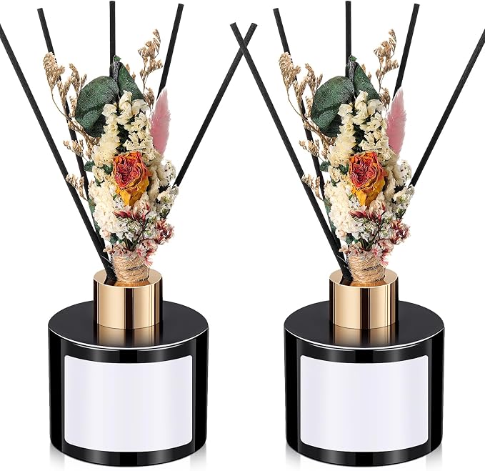 Rtteri 2 Reed Diffuser Sets Flower Oil Diffuser Sticks with Refill Empty 5oz Bottles Scent Glass for Fragrance Home Bathroom Gifts, Oil Not Included(Black Color)
