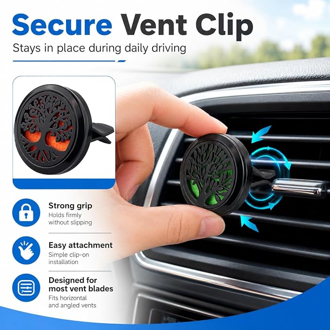 2PCS 30mm Car Aromatherapy Essential Oil Diffuser Stainless Steel Locket with Vent Clip 30 Felt Pads Tree of Life Pattern (Black)