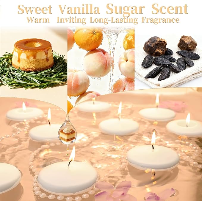 3 Inch Vanilla Sugar Scented Floating Candles,36 Pack White Floating Disc Candles, 8-10 Hour Long Burning for Wedding Centerpieces, Home Spa, Holiday Party & Pool Decor,Outdoor Dinners