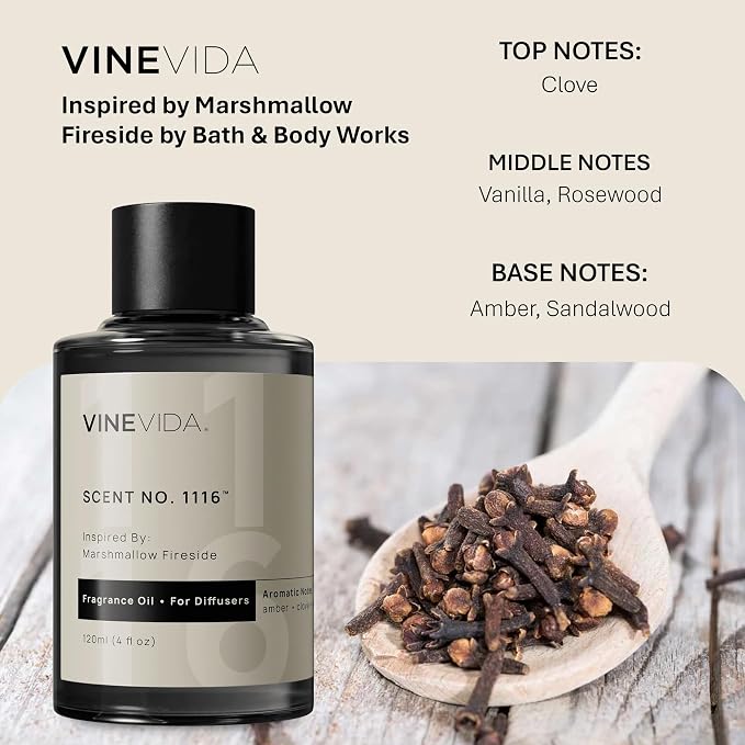VINEVIDA [4 Fl Oz] Scent NO. 1116 Fragrance Oil for Cold Air Diffusers, Aromatic Notes of Amber Clove Vanilla, Essential Oils for Diffuser Oil Refill & Air Freshener Room Spray