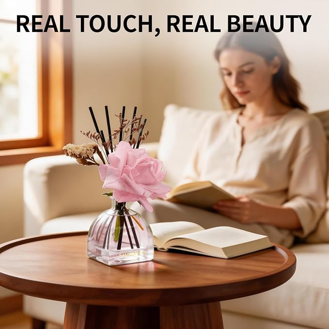 Reed Diffusers Set Rose Scented Diffuser for 140 Days, Flower Diffuser 8.5 fl oz with Dried Flowers and Decorative Rose, Long Lasting Home Fragrance with 10 Sticks for Bathroom, Shelf, Office Decor