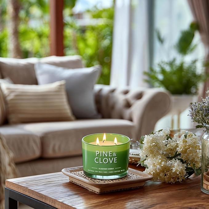 Pine & Clove Scented Candle, Luxury Large 3 Wick Soy Candle 12 Oz, 60+ Hour Long Lasting Clean Burn, Elegant Aromatherapy Home Decor, Housewarming & Birthday Gift for Men & Women