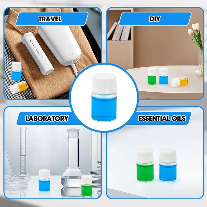 2ml Clear Glass Vials with Screw Caps and Plastic Stoppers, 1/2 Dram Small Liquid Sample Vial, Leak-Proof Vial, 12PCS(White Cap)