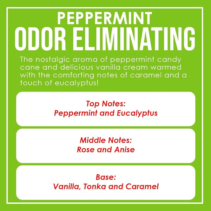 Peppermint Odor Eliminating Highly Fragranced Candle - Eliminates 95% of Pet, Smoke, Food, and Other Smells Quickly - Up to 80 Hour Burn time - 12 Ounce Premium Soy Blend
