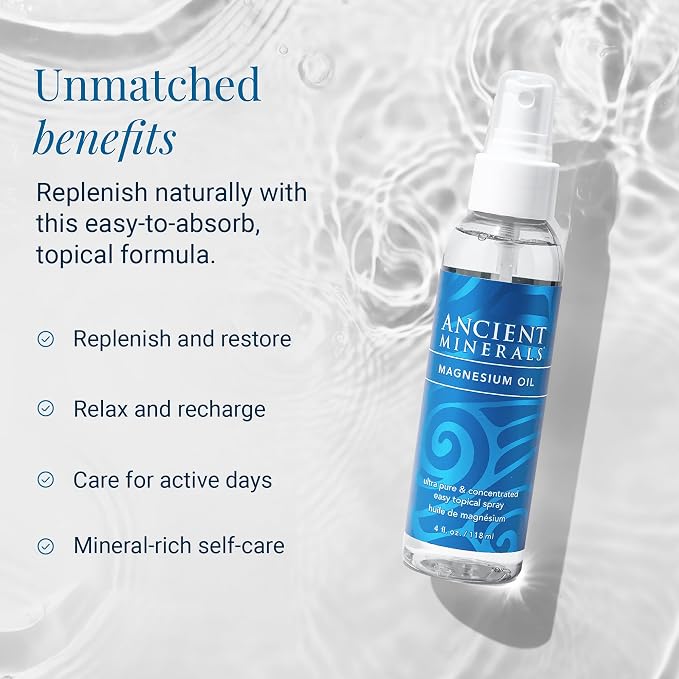 Ancient Minerals Magnesium Oil Spray Bottle of Pure Genuine Zechstein Magnesium Chloride - Topical for Skin Application (8oz)