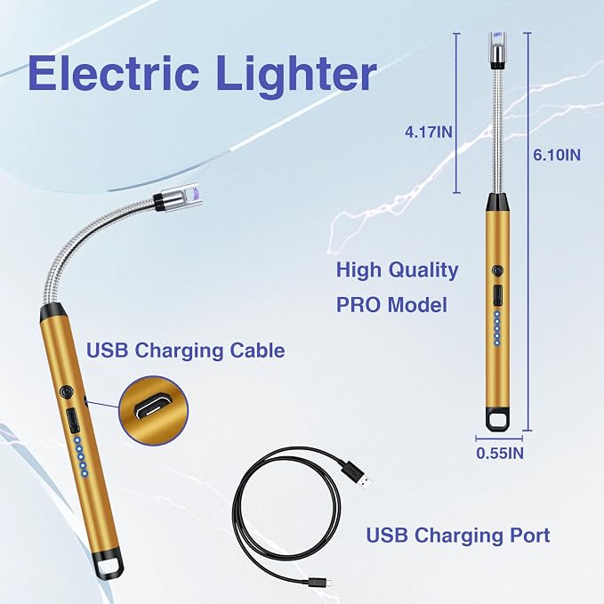 2 PCS Candle Lighter, Lighters for Candle Arc Windproof Flameless with 360° Flexible Neck & LED Power Display, Electric Lighter for BBQ, Grill, Camping, Fireplace, Stove(Gold)