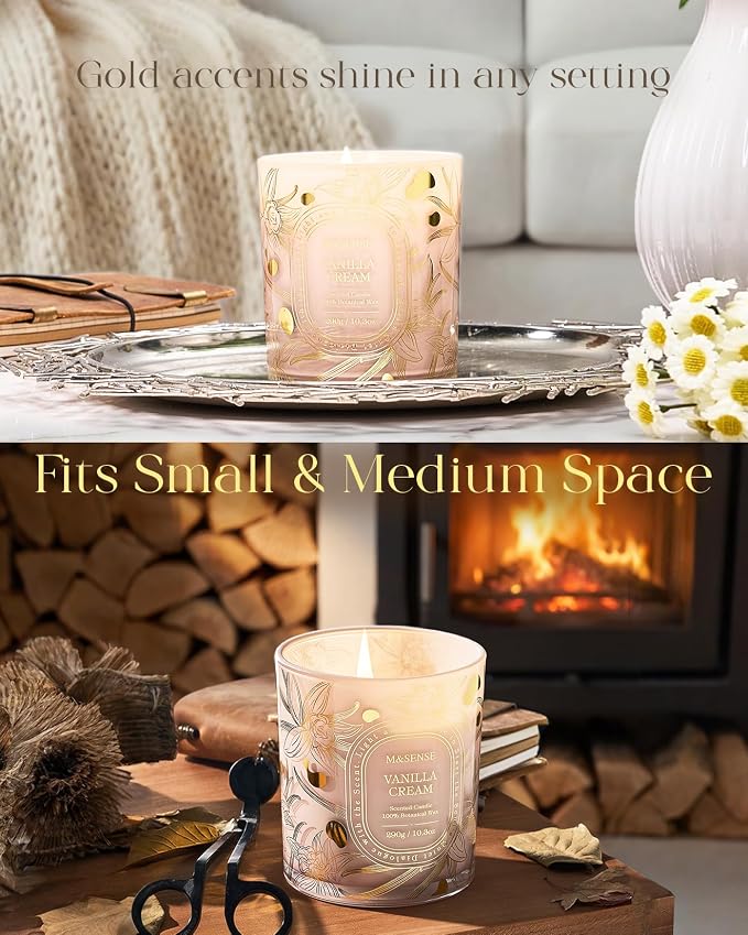 M&SENSE Vanilla Soy Candle, Cozy Long Burning Gift | Slow Burn, Clean Soy Wax Cotton Wick, Warm Comfort For Small Rooms, Non-Toxic Pet Friendly, Reusable Golden Stamped Jar