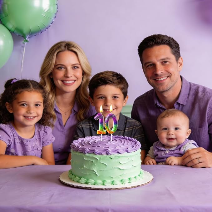 Number 10 Birthday Candle for Cake – Purple Green Flame Design with Lightning & Tire Track Pattern – Off-Road Truck Theme Cake Topper for Birthday Party Decoration