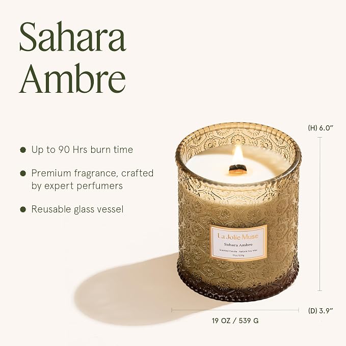LA JOLIE MUSE Sahara Amber Scented Candles for Home, 19 oz Natural Soy Wax | Large Jar Luxury Candle, Clean Non Toxic, Gifts for Women & Men, Decorative Candles, Wood Wick, Bergamot, Musk & Patchouli