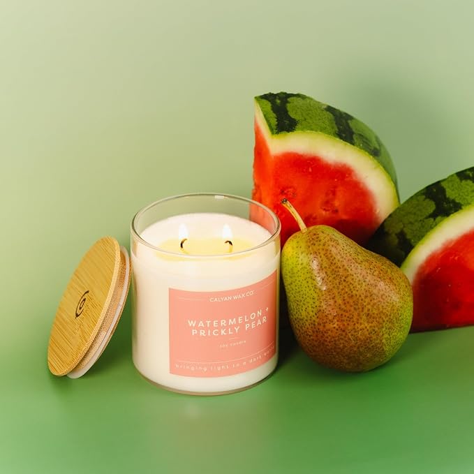 Calyan Wax Co. Watermelon & Prickly Pear 2 Wick Scented Candle - 37 Hour Burn - Luxury Clean Soy Wax Candles - Long Lasting Large Glass Jar Candle for Home - 8.8oz