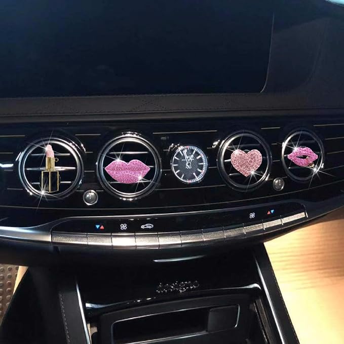 4 Pcs Pink Lips Air Vent Clips, Sexy Lips Kiss Heart Shape Car Air Fresheners, Charms Rhinestone Diffuser Vent Clip Cute Car Decor Bling Car Accessories for Women, Automotive Air Fresheners (Pink, 4)