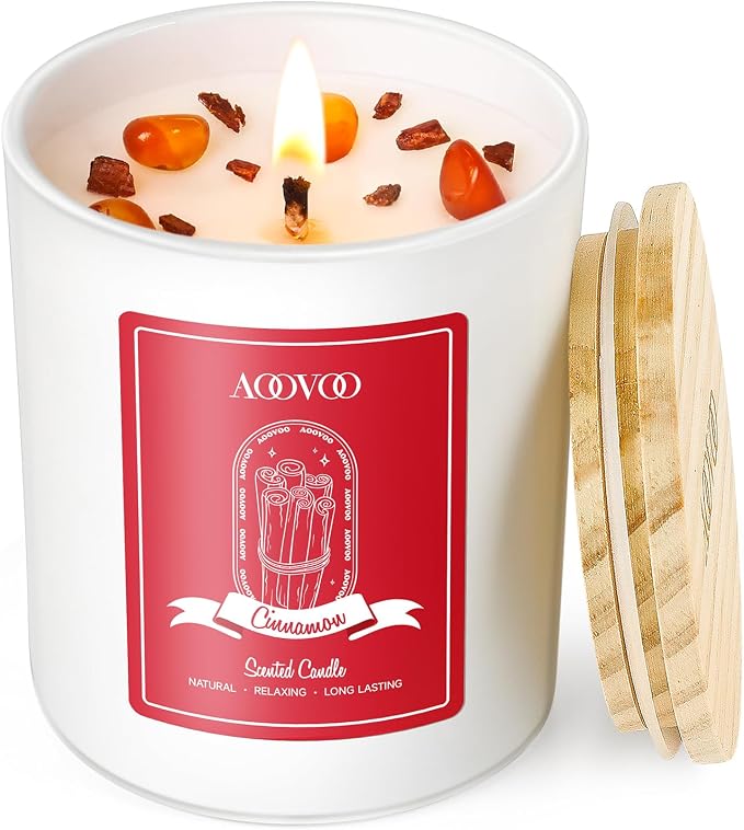 AOOVOO Cinnamon Scented Candles for Women - Aromatherapy Candle with Crystals Inside, 7oz Soy Candles for Home Scented, Mothers Day Birthday Gifts Candle for Women Mom
