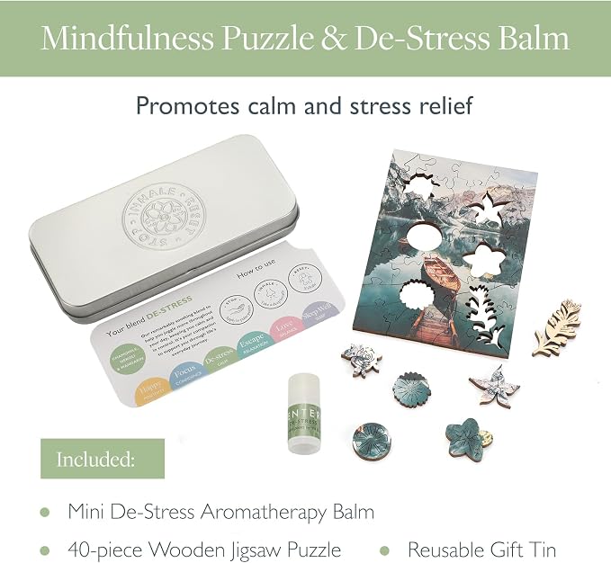 Scentered Wooden Jigsaw Puzzle & Aromatherapy Gift Set - Mindfulness Activity Puzzle for Stress Relief - Calm Jigsaw Puzzles - De-Stress: Calming Essential Oils Blend - Travel Size