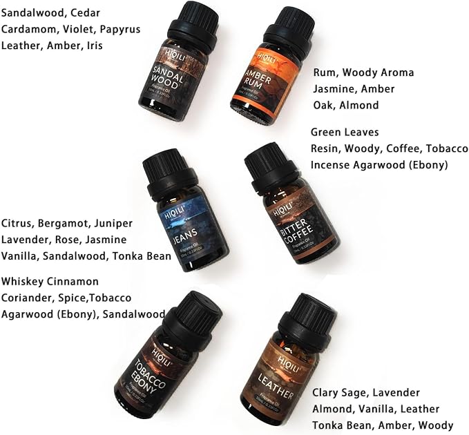 HIQILI Men's Fragrance Essential Oils Set - Father's Day & Birthday Gift for Men, Ideal for Aromatherapy Diffuser, Candle Scents for Candle Making, 6x10ml