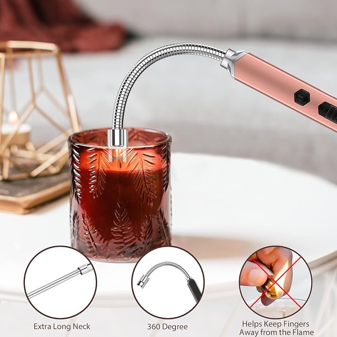 RAYONNER USB Rechargeable Electric Candle Lighter Windproof Plasma Arc Lighter with Flexible Neck for Deep Jars, BBQ, Camping Flameless Fire Starter Christmas Stocking Stuffers Gift (Black&Rose Gold)