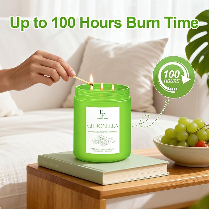 Citronella Large Scented Candle Outdoor Indoor, 3-Wick 22oz Long Lasting Scented Candle, Natural Soy Wax Aromatherapy Candle for Backyard Patio Garden Camping
