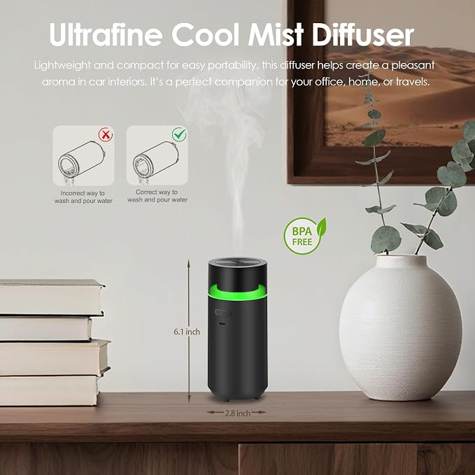 HODEMI Portable Smart Car Essential Oil Diffuser,Cordless Mini Cold Mist Aromatherapy Air Freshener Diffuser with Mode Memory,Auto On/Off,4/8 Timer Modes,for Bedroom Office and Travel (Black)