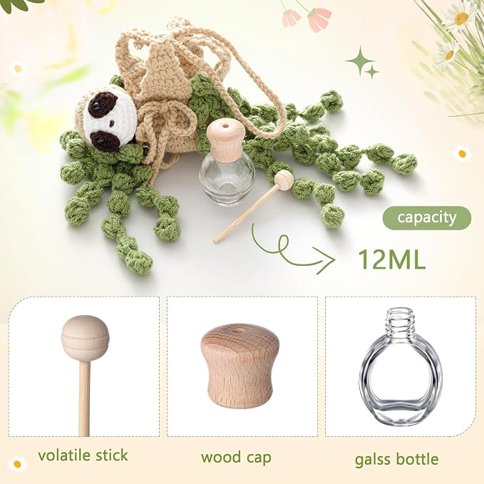 DaisyInner Cute Crochet Plant Car Freshener 12ml Empty Refillable Diffuser Bottle with Plants Hanging Accessories for Ornaments Charms Rearview Mirror Home Office Decor Women Gifts(Sloth)