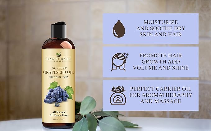 Handcraft Blends Grapeseed Oil | 100% Pure and Natural | Bath & Body Oil | Premium Grade Carrier Oil | Skin | Hair | Body | Massage | Cold-Pressed | Hexane-Free | 8 Fl Oz