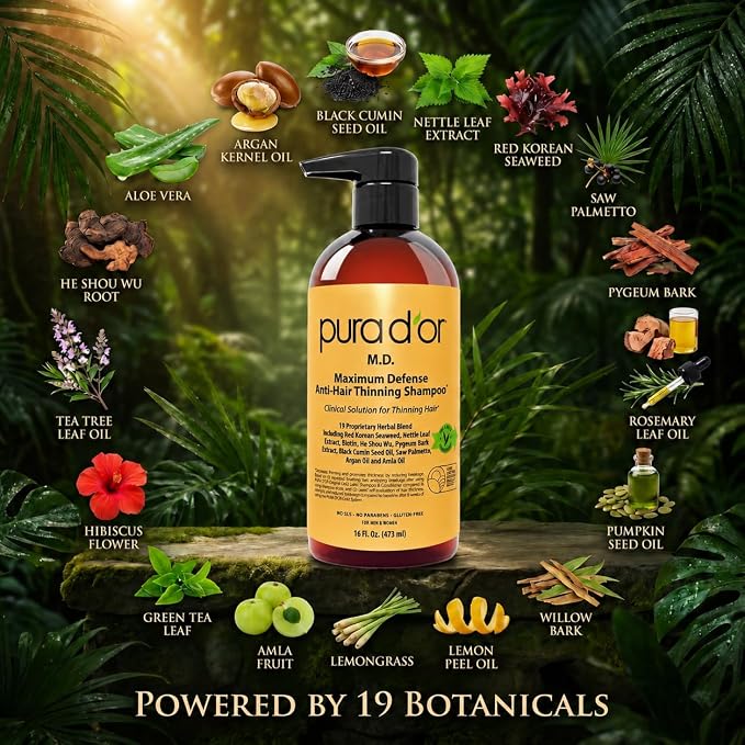 PURA D'OR MD Anti-Hair Thinning Maximum Defense Shampoo - 0.5% Coal Tar, Biotin, Proprietary Herbal Blend For Dry & Itchy Scalp, No Sulfates - For Men & Women, Strong Coal Tar Scent 16 Oz