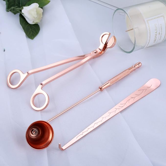 MUXSAM 3 in 1 Candle Tools Candle Accessory Set - Candle Snuffer, Candle Wick Trimmer, Candle Wick Dipper - Candle Cutter Candle Maintenance Kit Gift for Candle Lover(Rose Gold)