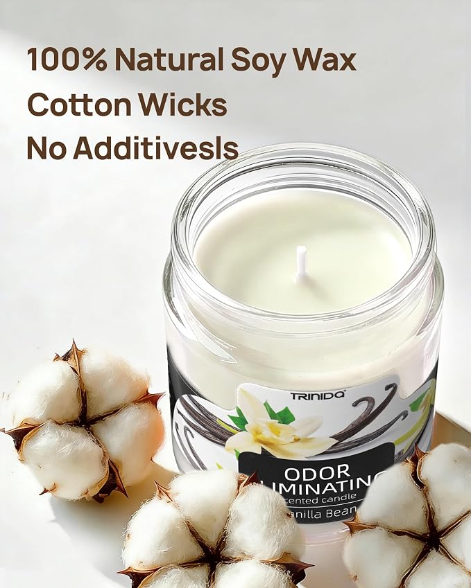 TRINIDa Vanilla Bean Odor Eliminating Candles for Home Scented, Eliminates 99% of Pet, Smoke, Food and Other Smell Quickly, Highly Fragranced Scented Candle, Premium Soy Candle Set for Women
