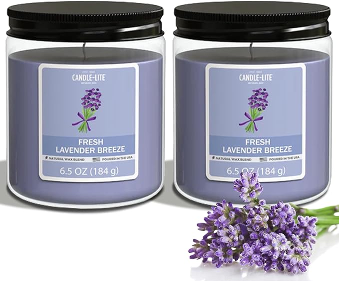 Candle-Lite 2 Pack Scented Candles, Fresh Lavender Breeze, 6.5 oz Jar, Proudly Poured in The USA, Aromatherapy Candle Set, Single-Wick with 40 Hours of Burn Time, Ideal Gift for Men and Women