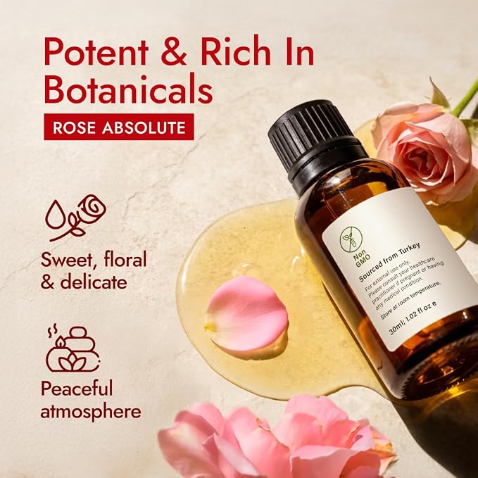 H'ana Rose Oil - 1.02 Fl Oz Rose Essential Oil for Hair, Skin, Diffuser, Aromatherapy & DIY
